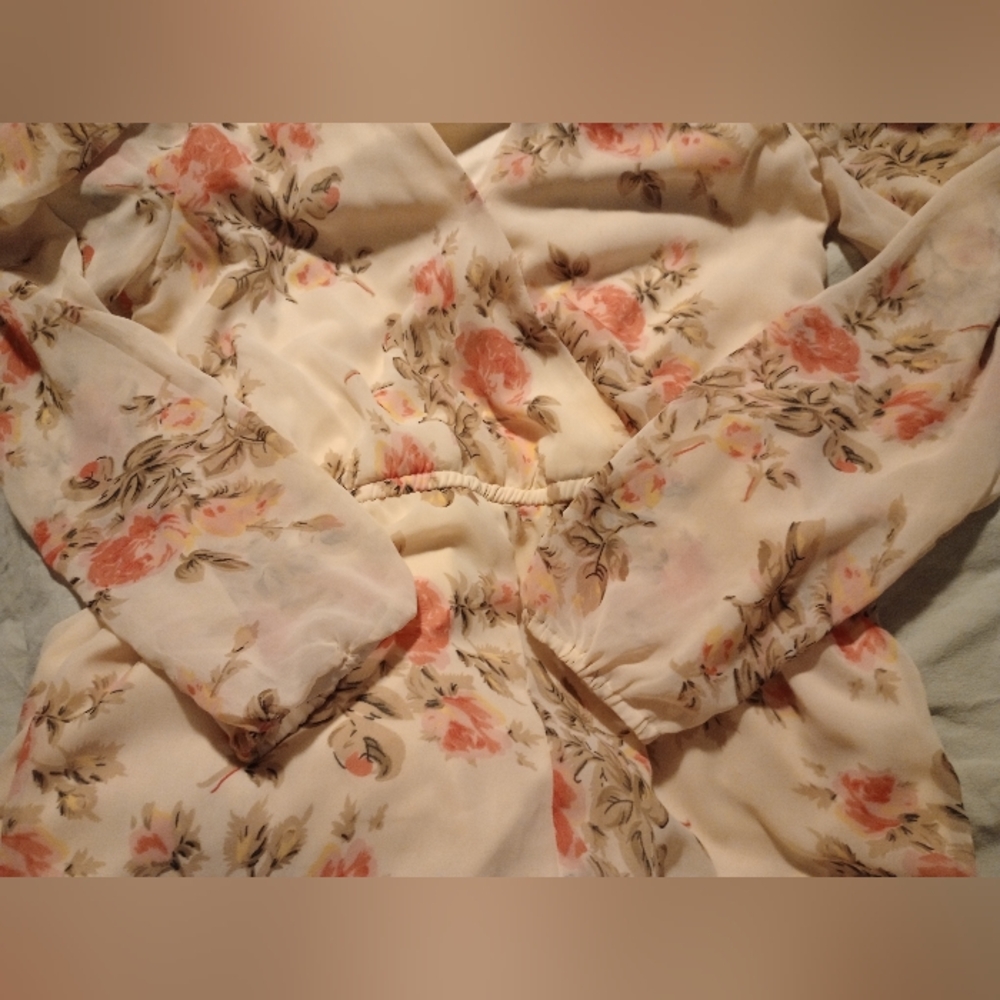 Wet Seal Vintage Romper, Long Sleeve Orange/Ivory/Green See thru Floral, L - Picture 12 of 13